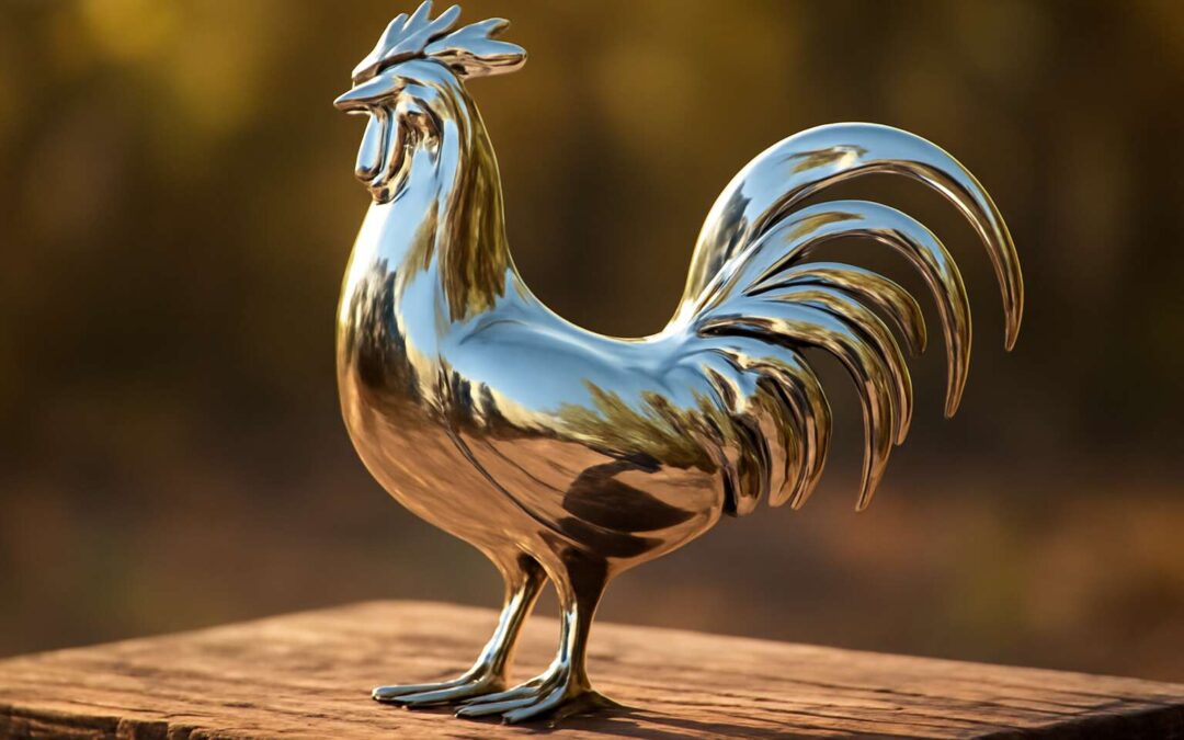 Bold kitchen statement: stainless steel rooster sculpture sparks conversation.